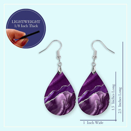 Purple & Silver Teardrop Earrings – Handmade Marbled Statement Earrings