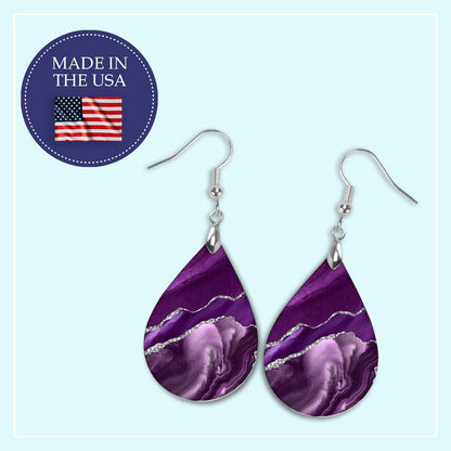 Purple & Silver Teardrop Earrings – Handmade Marbled Statement Earrings