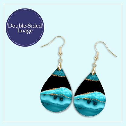 Teal & Black Teardrop Earrings – Handmade Lightweight Earrings with Gold Accents