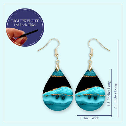 Teal & Black Teardrop Earrings – Handmade Lightweight Earrings with Gold Accents