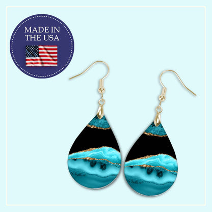 Teal & Black Teardrop Earrings – Handmade Lightweight Earrings with Gold Accents