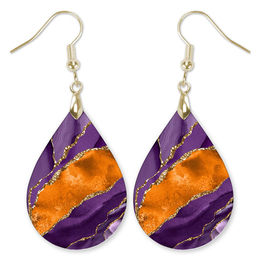 Purple & Orange Teardrop Earrings – Handmade Statement Jewelry with Gold Accents