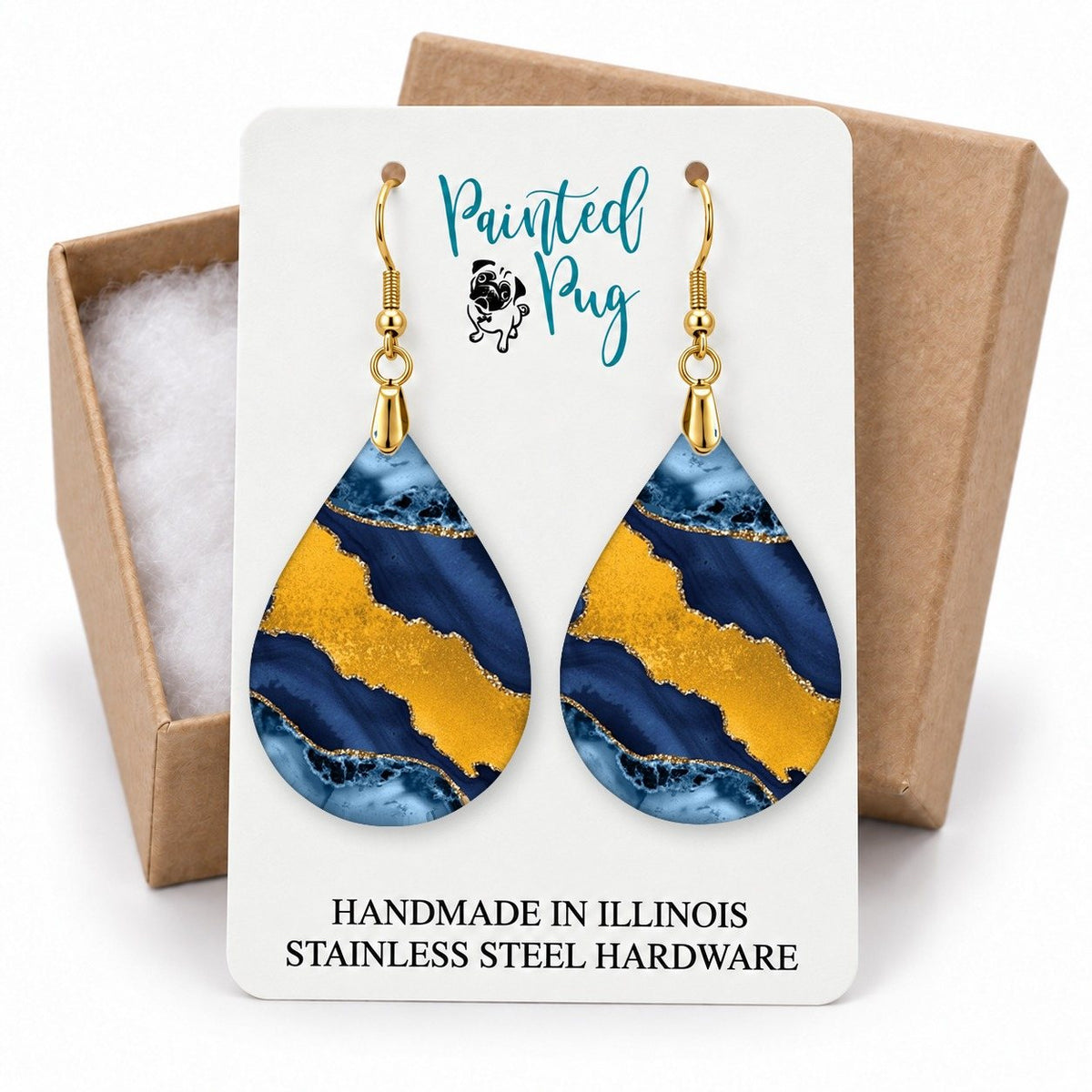 Indigo Blue and Gold Teardrop Earrings gift box