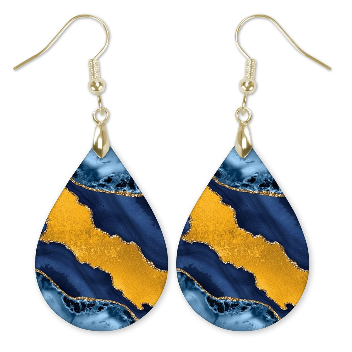 Indigo Blue and Gold Teardrop Earrings on white