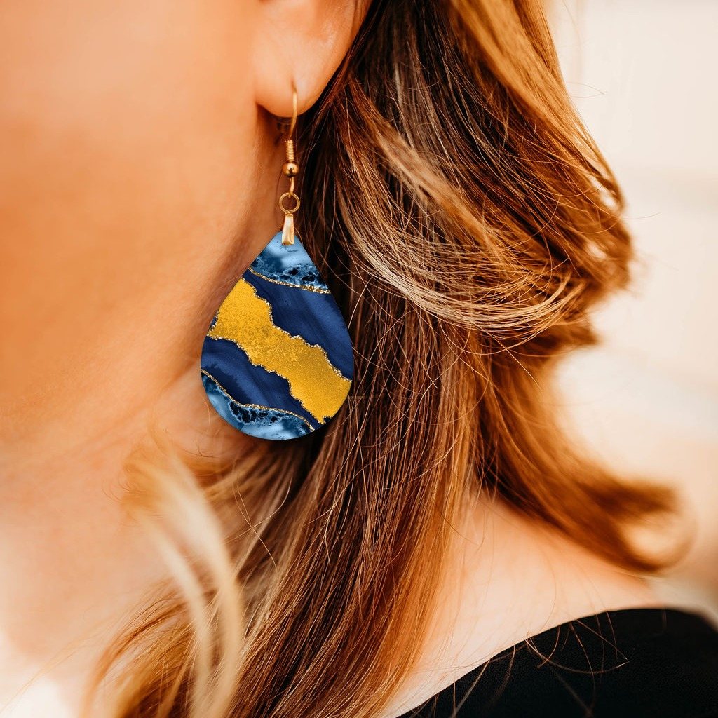 Indigo Blue and Gold Teardrop Earrings close-up on model