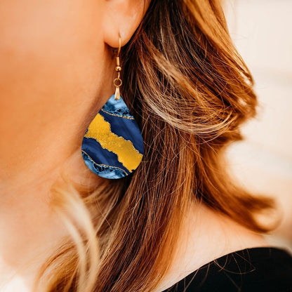 Indigo Blue and Gold Teardrop Earrings close-up on model