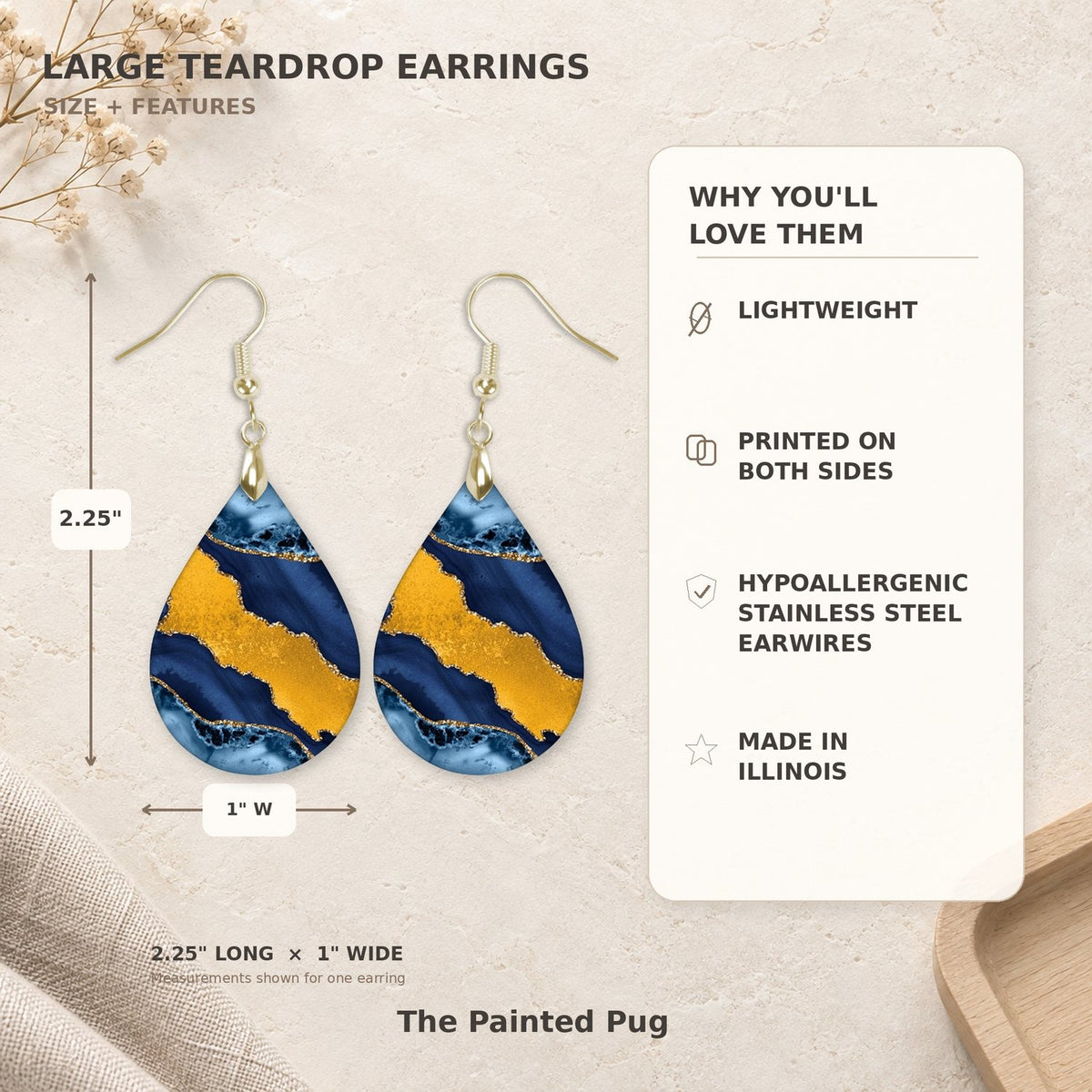 Indigo Blue and Gold Teardrop Earrings size guide 2.25 inch