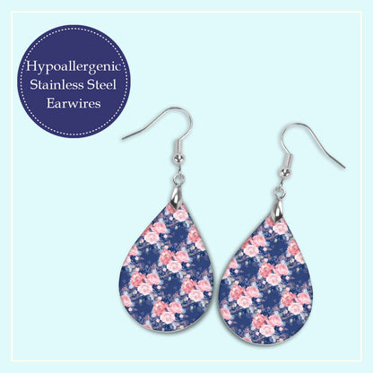 Navy and Blush Pink Floral Teardrop Earrings – Lightweight Statement Earrings