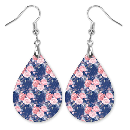 Navy and Blush Pink Floral Teardrop Earrings – Lightweight Statement Earrings
