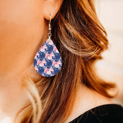 Navy and Blush Pink Floral Teardrop Earrings – Lightweight Statement Earrings