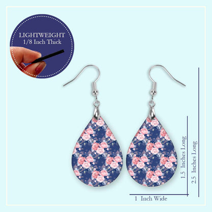Navy and Blush Pink Floral Teardrop Earrings – Lightweight Statement Earrings