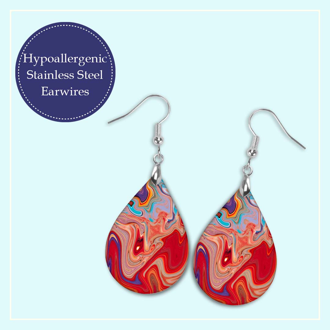 Red Swirl Teardrop Earrings – Bold Abstract Marble Print