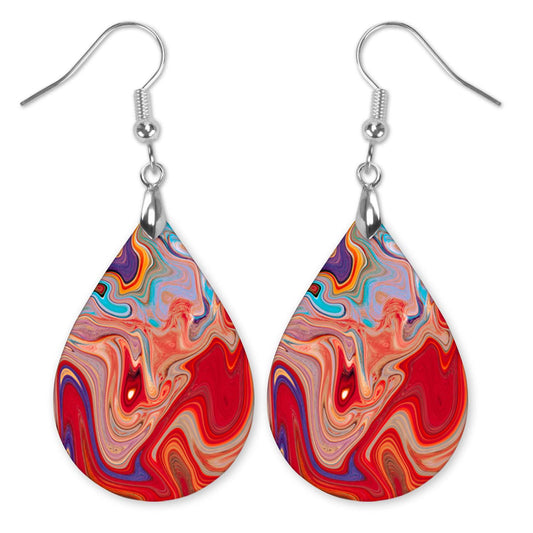 Red Swirl Teardrop Earrings – Bold Abstract Marble Print