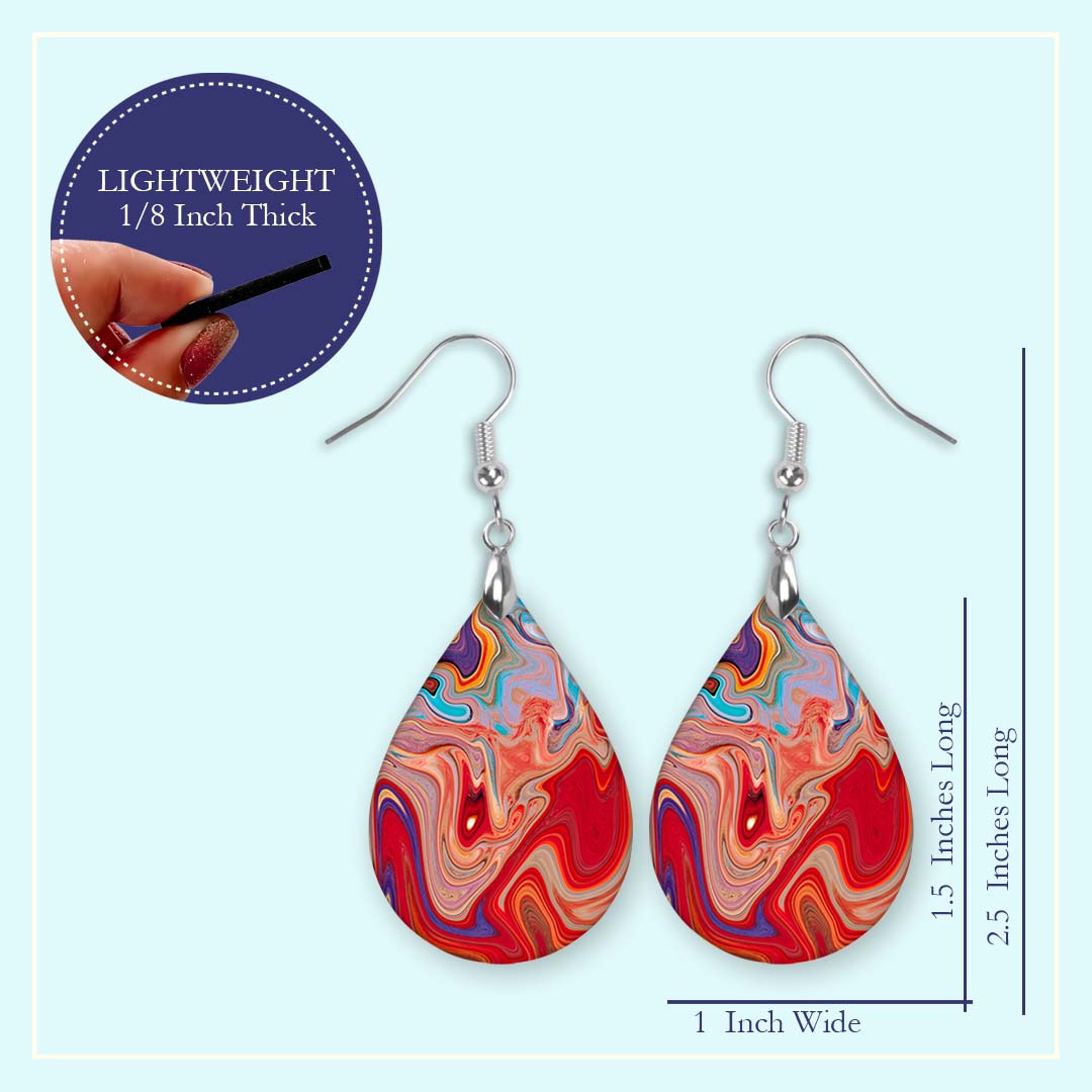 Red Swirl Teardrop Earrings – Bold Abstract Marble Print