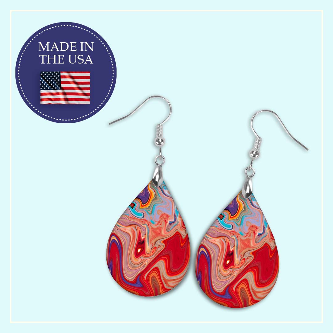 Red Swirl Teardrop Earrings – Bold Abstract Marble Print