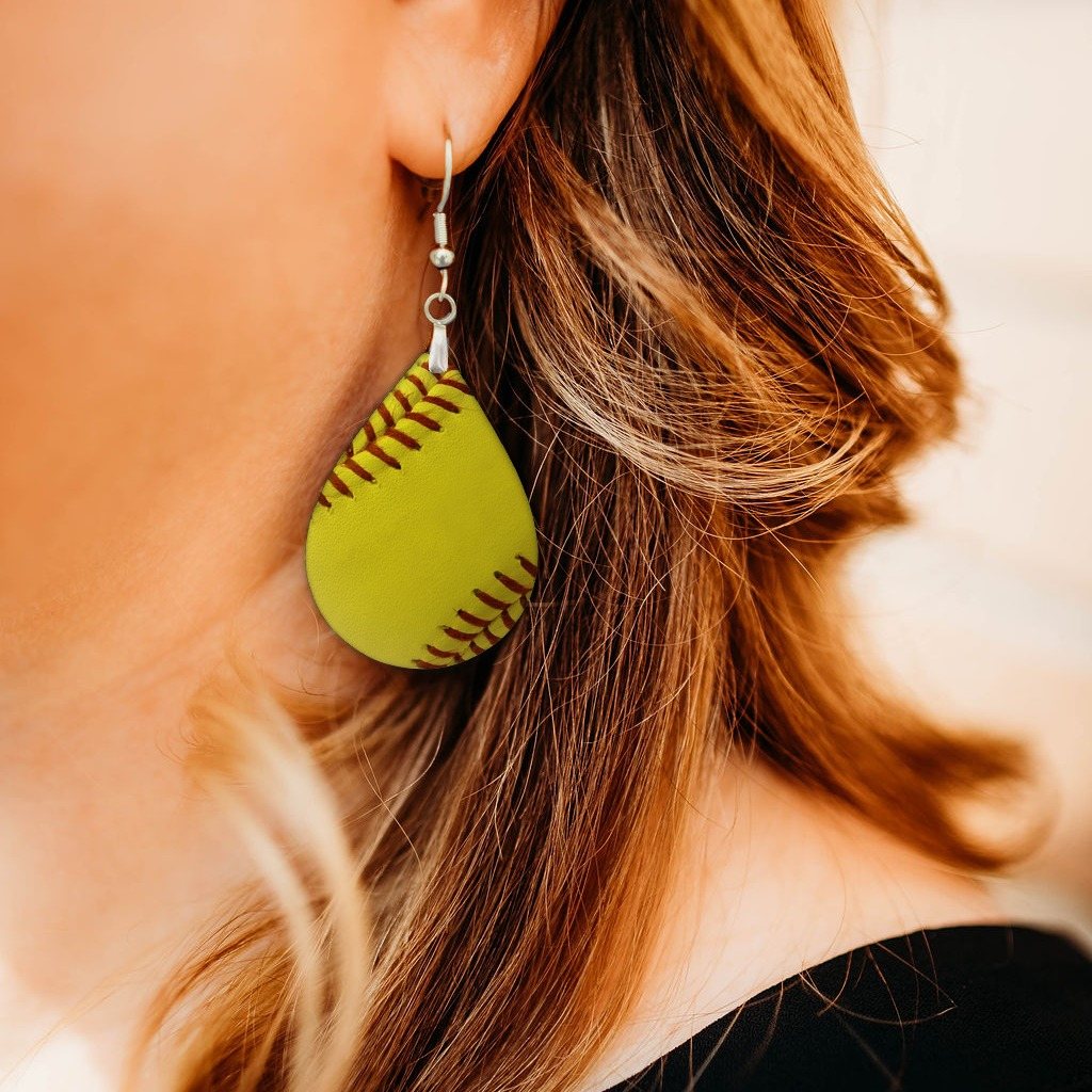 Softball Teardrop Earrings close-up on model