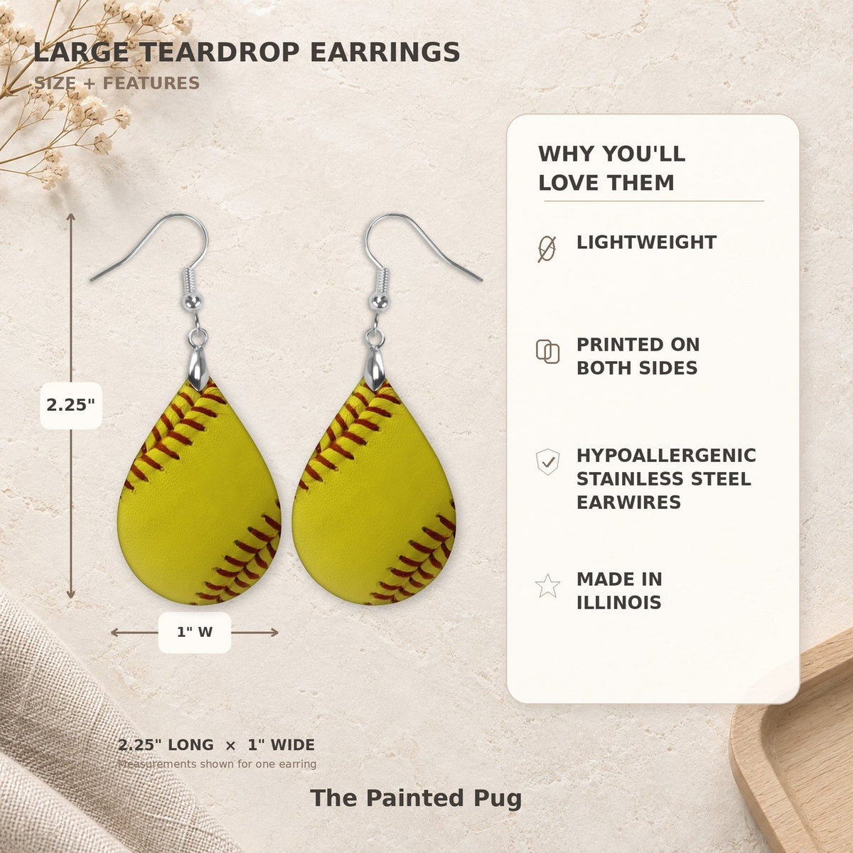 Softball Teardrop Earrings size guide 2.25 inch