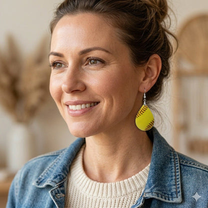 Softball Teardrop Earrings worn by model
