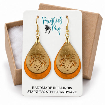Tiger Orange and Gold Teardrop Earrings gift box