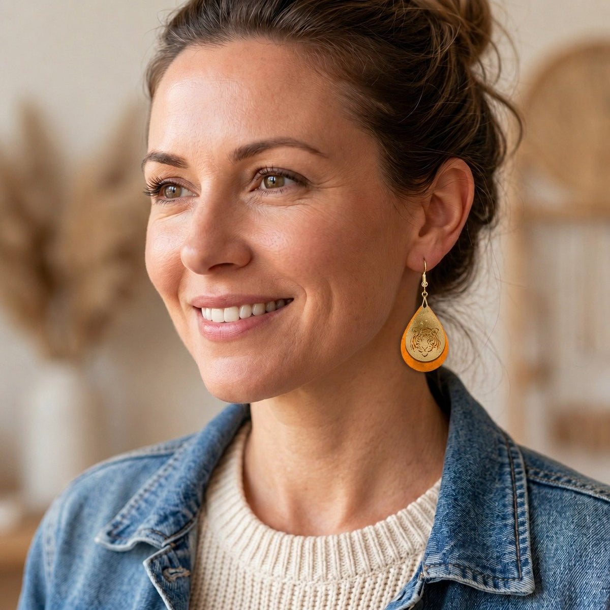 Tiger Orange and Gold Teardrop Earrings worn by model