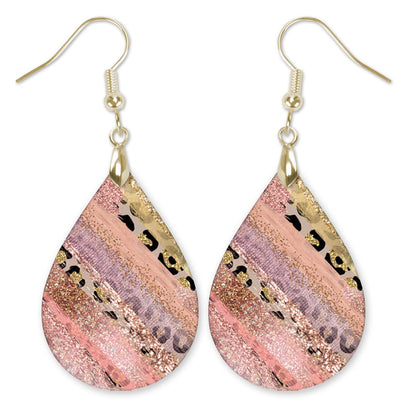 Pink Leopard Teardrop Earrings – Faux Glitter Stripes Animal Print Earrings