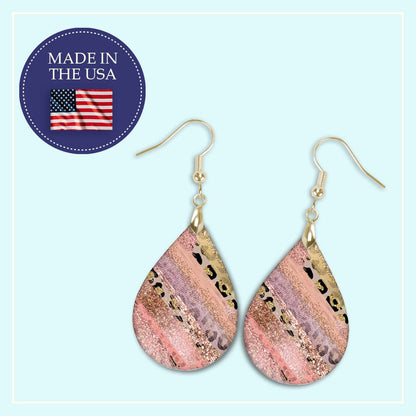 Pink Leopard Teardrop Earrings – Faux Glitter Stripes Animal Print Earrings
