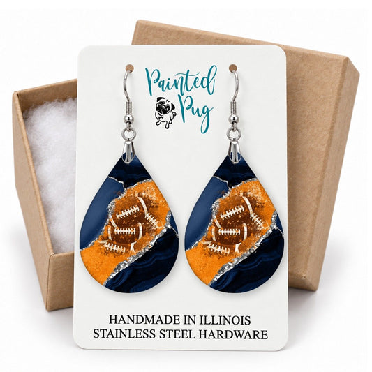 Navy and Orange Football Teardrop Earrings gift box