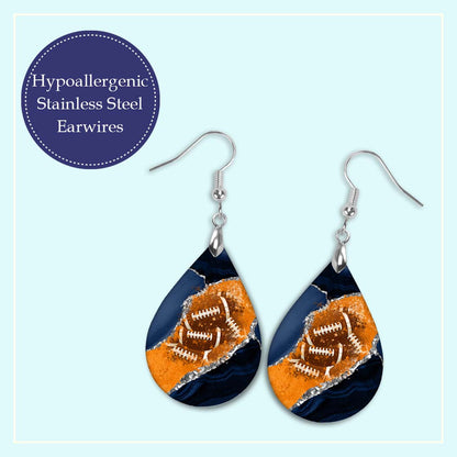 Navy and Orange Football Teardrop Earrings – Handmade Gameday Jewelry