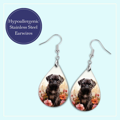 Black Pug Teardrop Earrings – Floral Dog Design