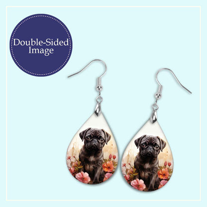 Black Pug Teardrop Earrings – Floral Dog Design