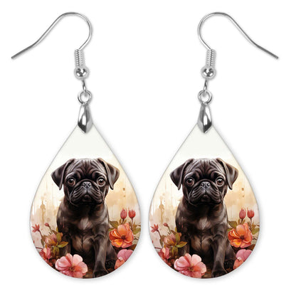 Black Pug Teardrop Earrings – Floral Dog Design