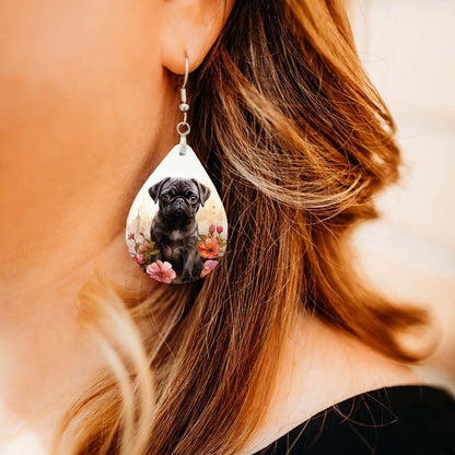 Black Pug Teardrop Earrings – Floral Dog Design