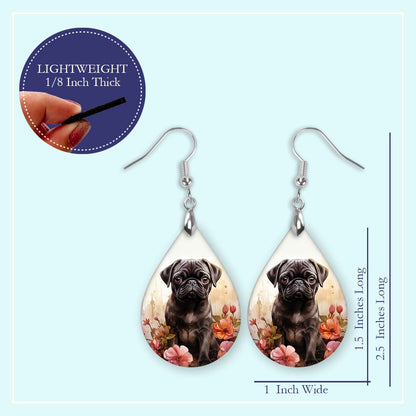 Black Pug Teardrop Earrings – Floral Dog Design