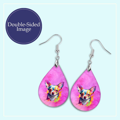 Chihuahua Earrings – Watercolor Dog Teardrop Dangles in Pink