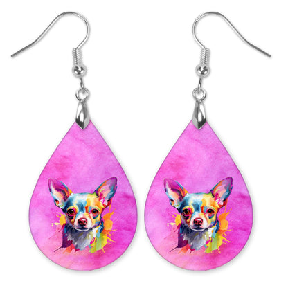 Chihuahua Earrings – Watercolor Dog Teardrop Dangles in Pink