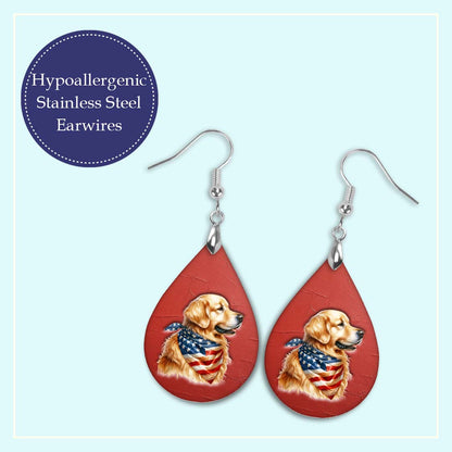 Patriotic Teardrop Earrings – Golden Retriever with USA Flag Bandana