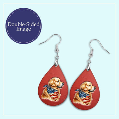 Patriotic Teardrop Earrings – Golden Retriever with USA Flag Bandana