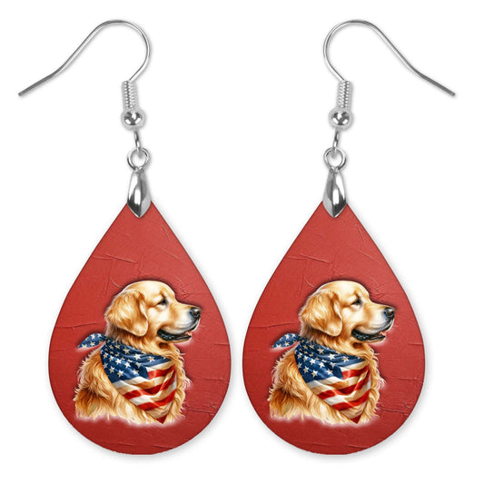 Patriotic Teardrop Earrings – Golden Retriever with USA Flag Bandana