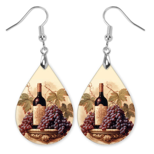 Wine Earrings – Grapes and Bottle Teardrop Dangles