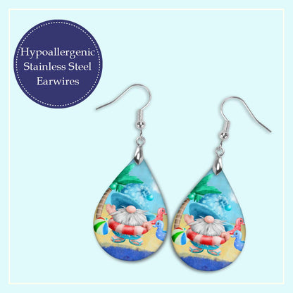 Beach Gnome Teardrop Earrings – Summer Pool Float Earrings, Funny Vacation Jewelry