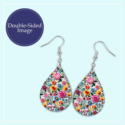 Colorful Floral Earrings – Mexican Embroidery Teardrop Dangles