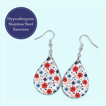 Patriotic Earrings – Red White Blue Floral Teardrop Wood Earrings