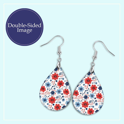 Patriotic Earrings – Red White Blue Floral Teardrop Wood Earrings