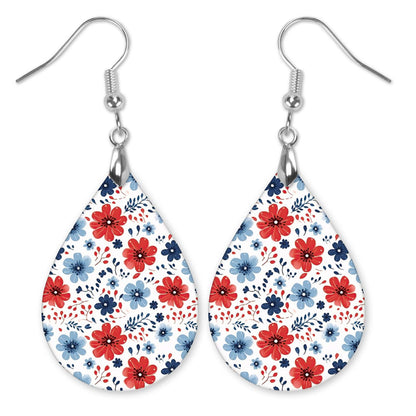 Patriotic Earrings – Red White Blue Floral Teardrop Wood Earrings