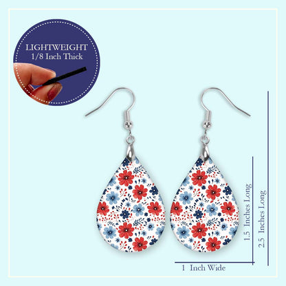 Patriotic Earrings – Red White Blue Floral Teardrop Wood Earrings