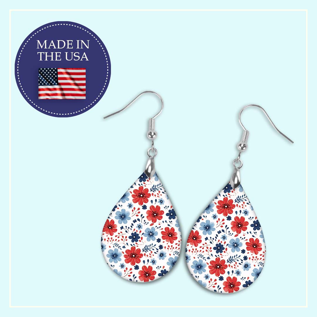 Patriotic Earrings – Red White Blue Floral Teardrop Wood Earrings