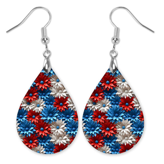 Patriotic Earrings – Red White Blue Floral Teardrop Dangles