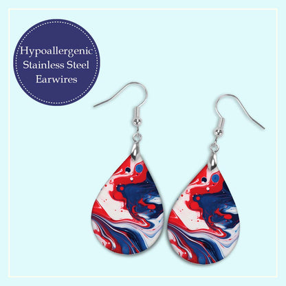 Patriotic Teardrop Earrings – Red White Blue Paint Pour Design