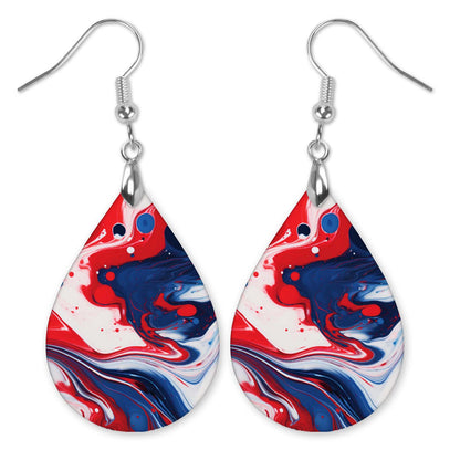 Patriotic Teardrop Earrings – Red White Blue Paint Pour Design