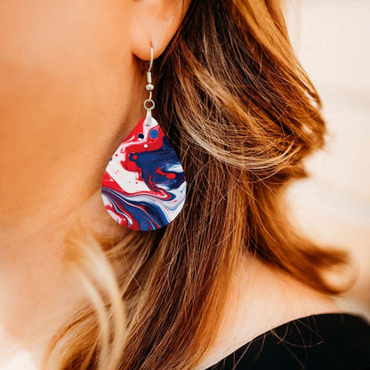Patriotic Teardrop Earrings – Red White Blue Paint Pour Design
